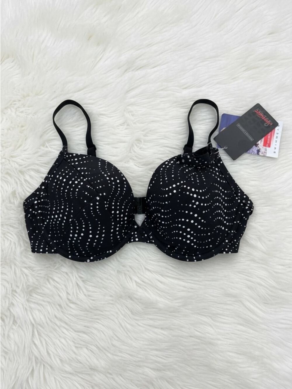 NWT Panache Women's Black White Polka Dot Plunge Bikini Top - Size 38D
b40